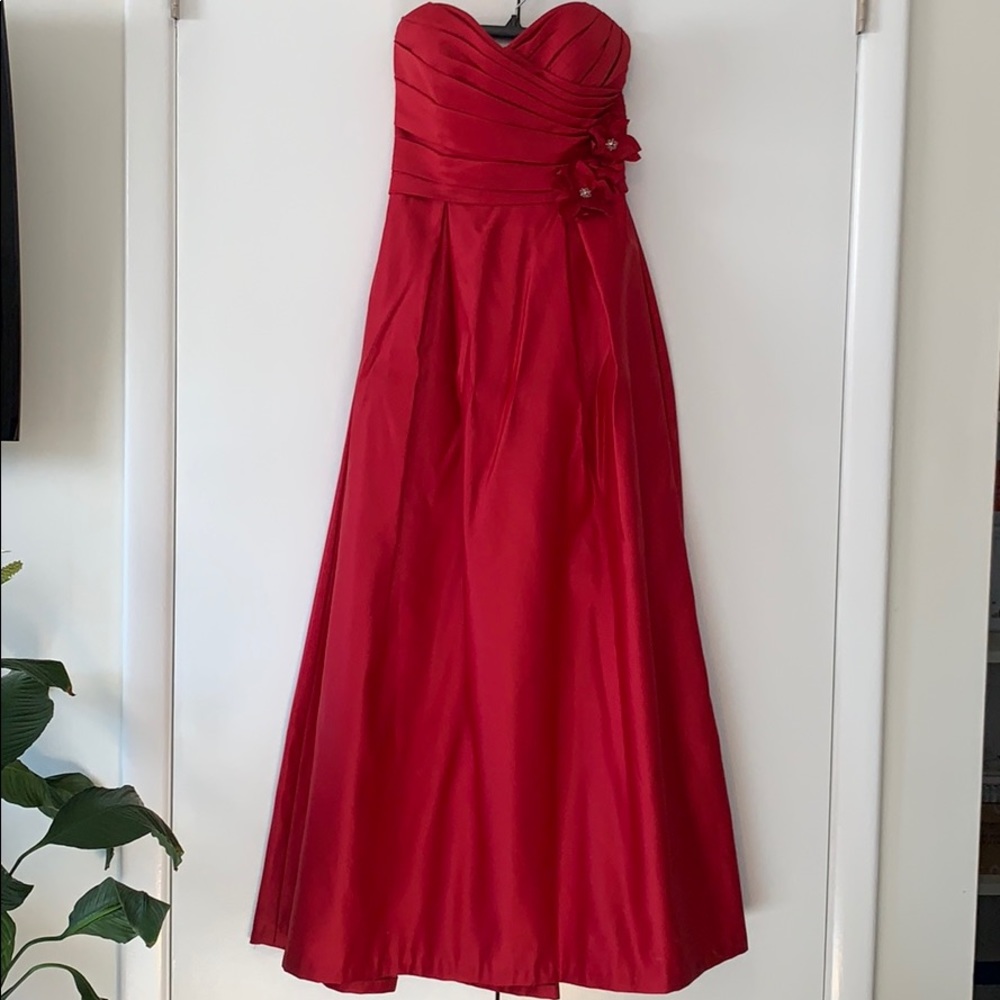 Red strapless bridesmaid dress